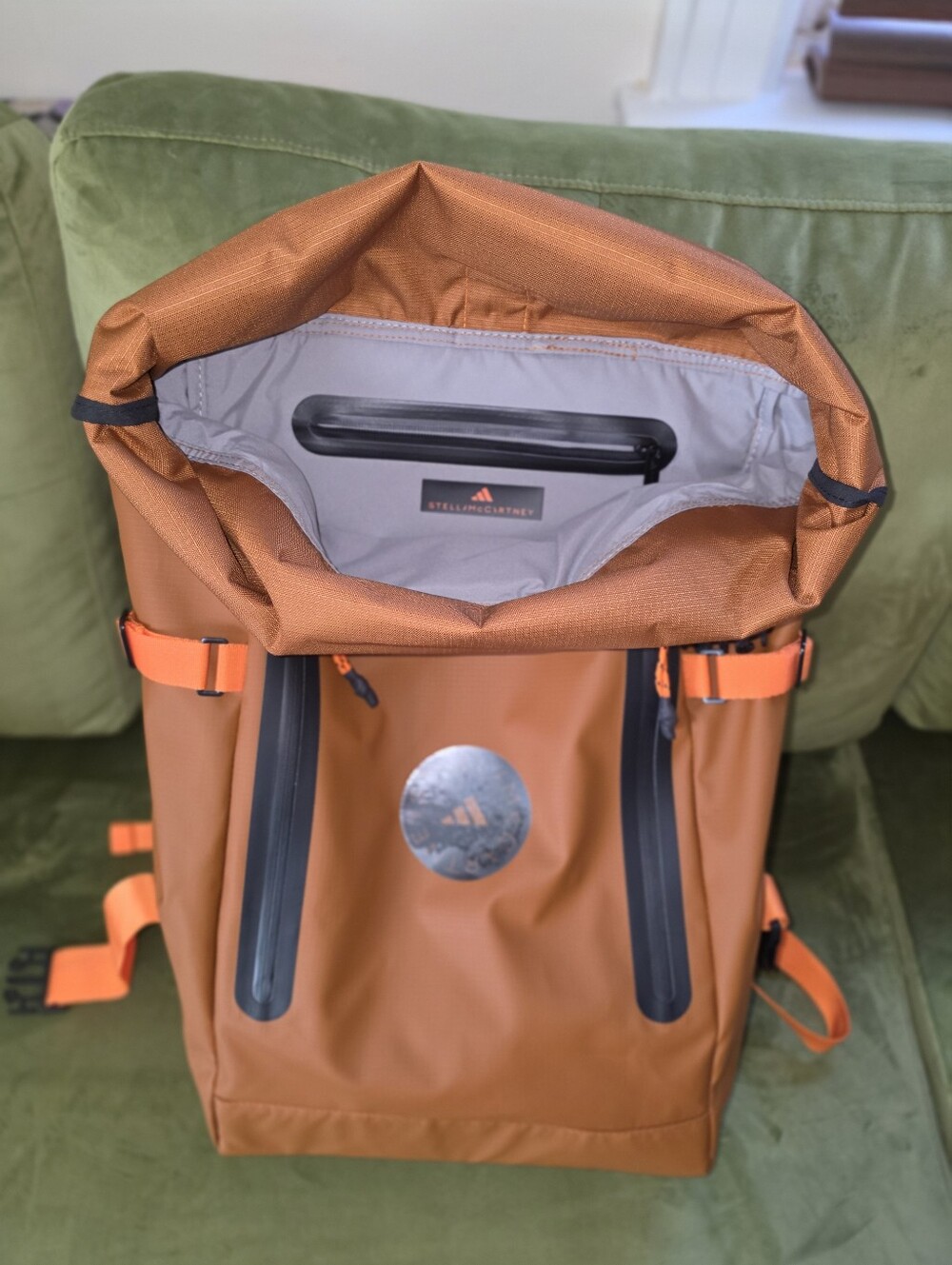 Adidas Stella McCartney Men’s Orange Roll-Top Backpack with Black Accents